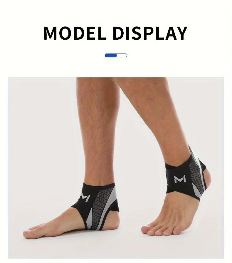 Model display of a black and gray adjustable ankle compression strap worn on a foot.