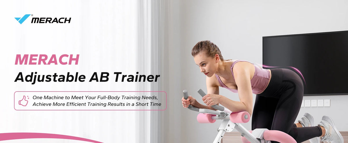 A woman is using a MERACH Adjustable AB Trainer exercise machine in a bright room.