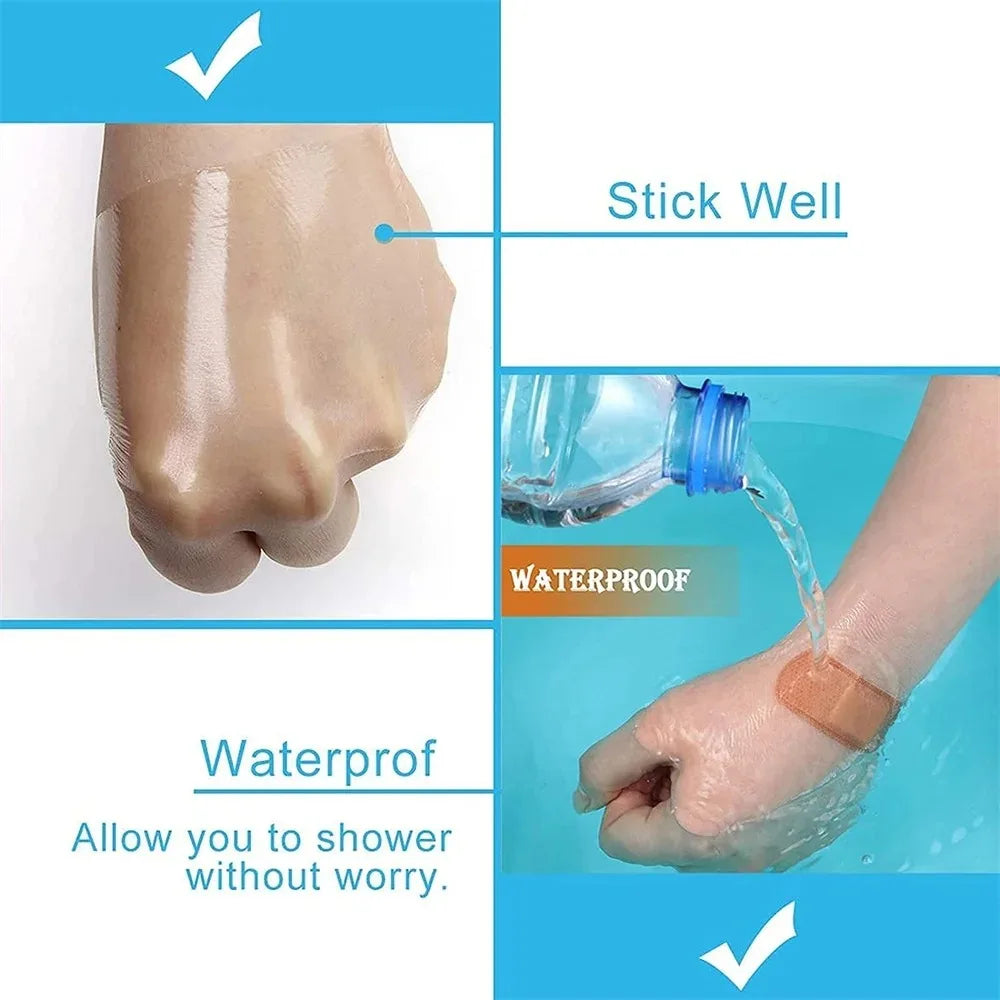 A film dressing is shown being applied to a hand, demonstrating its waterproof and stick well features for tattoo aftercare.