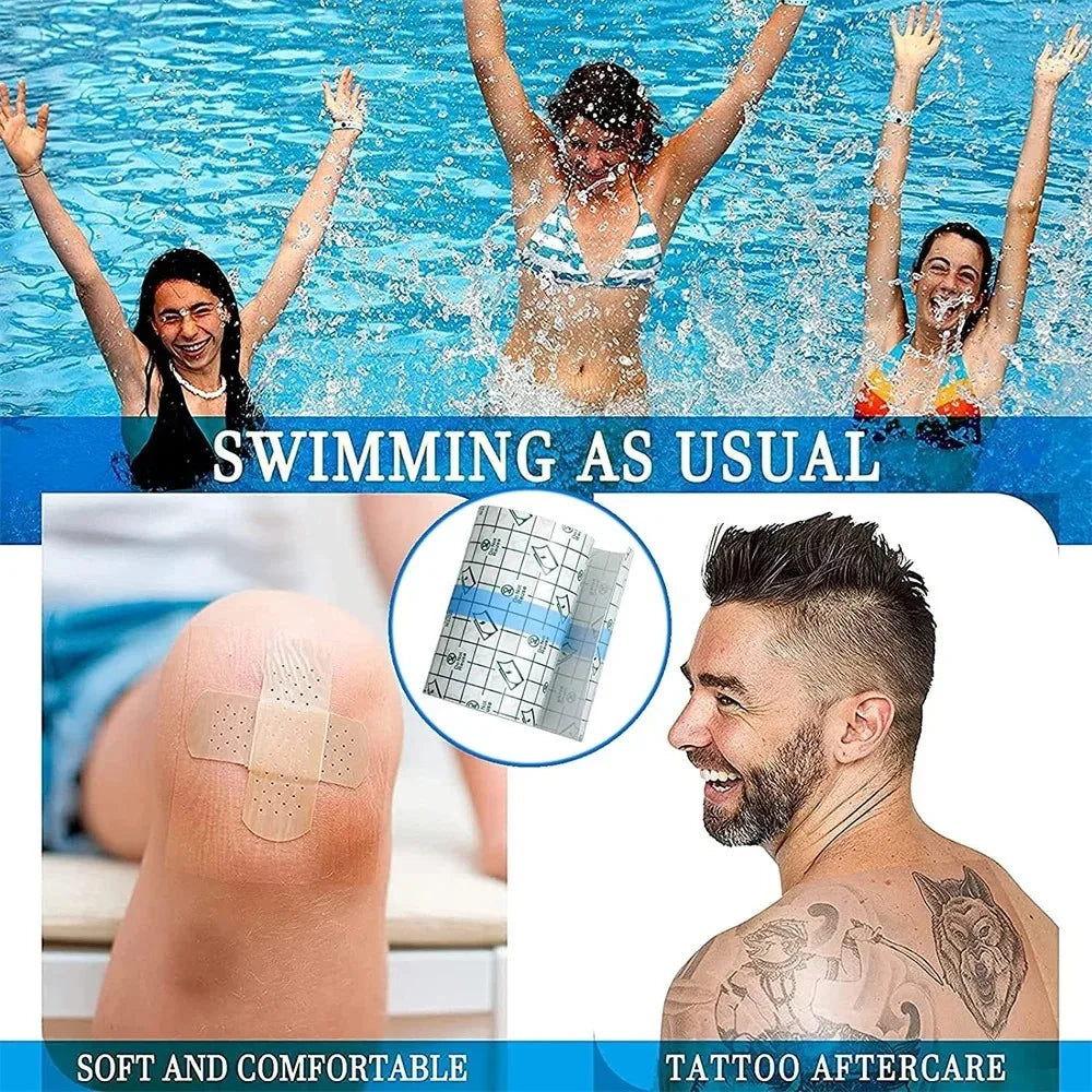 Demonstration of waterproof film dressing for tattoo aftercare on skin and during swimming.