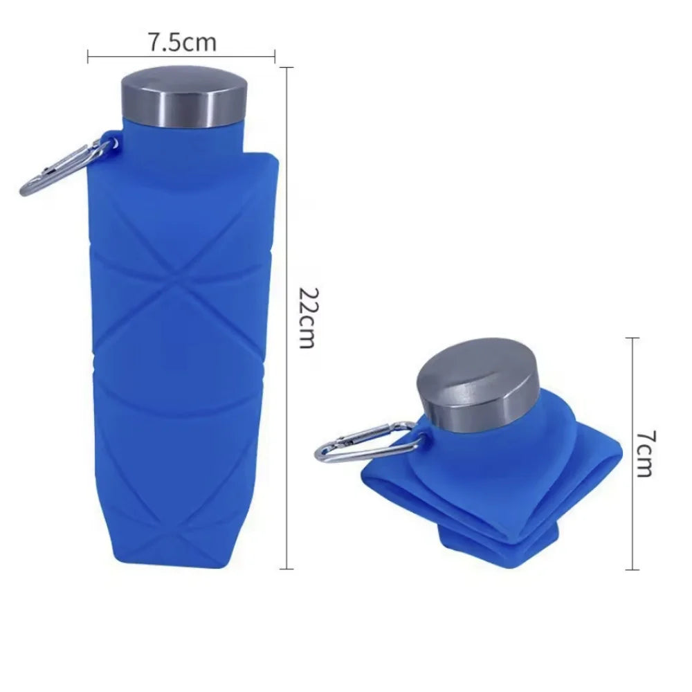 A blue collapsible silicone travel water bottle with a silver cap and clip.