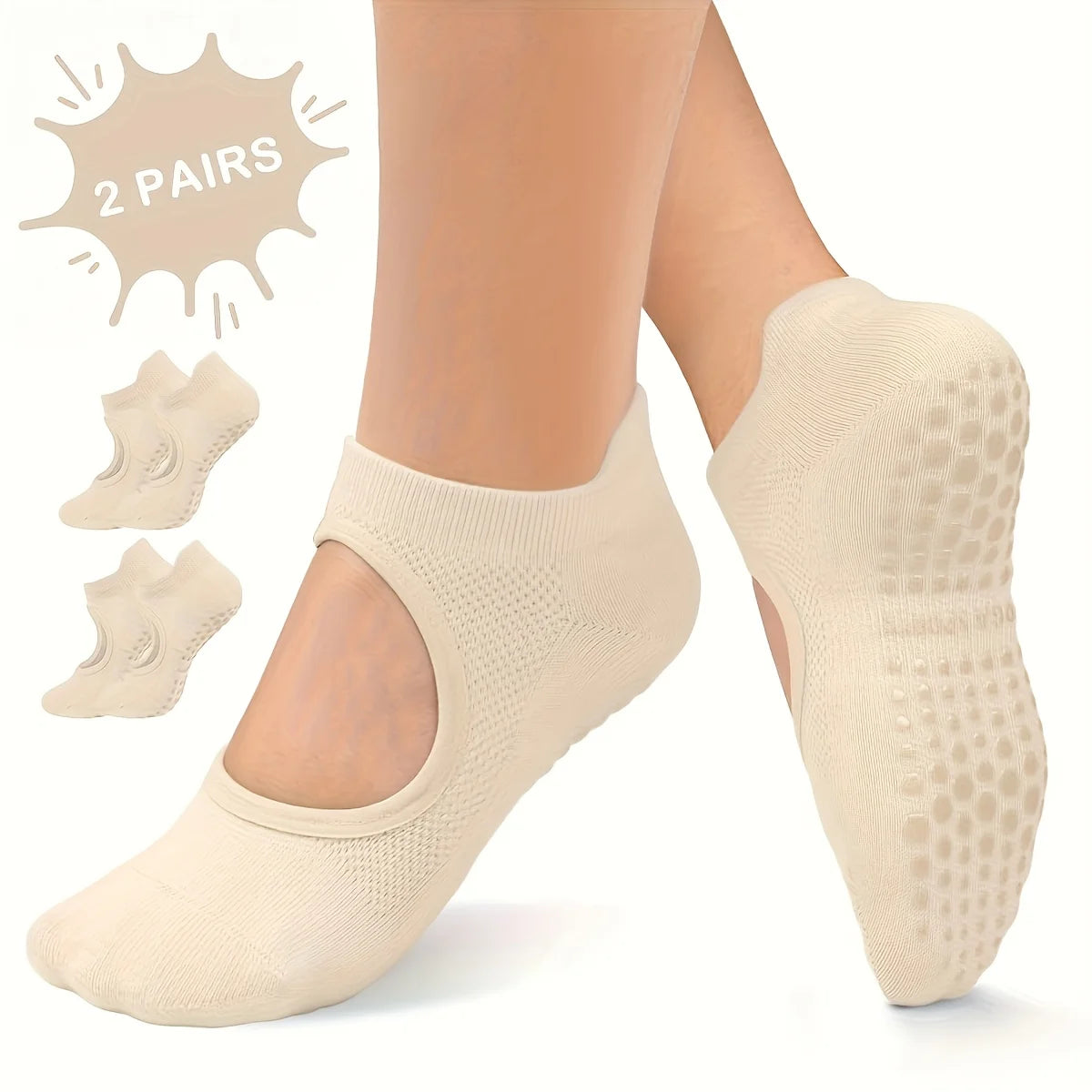 Two pairs of beige silicone yoga pilates socks shown on a person's foot.