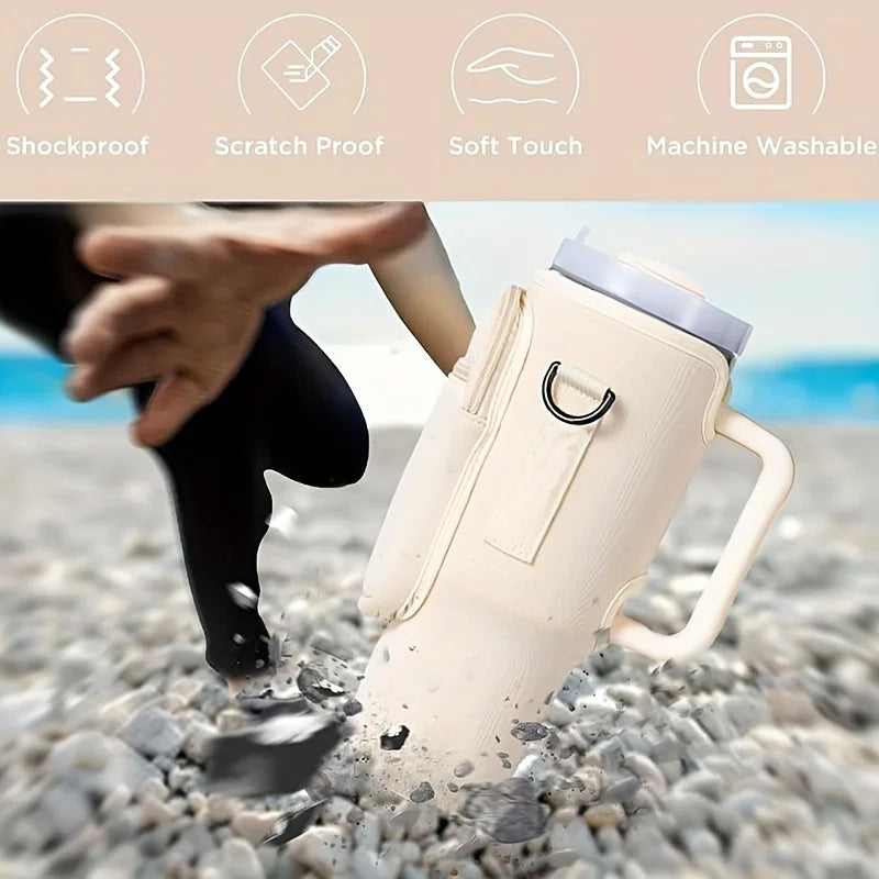 A beige water bottle carrier bag is shown being used outdoors on sand, demonstrating its shockproof and scratchproof features
