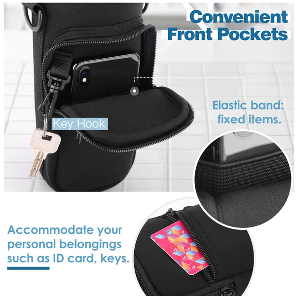 Black sling water bottle carrier bag with convenient front pockets and a key hook for holding items