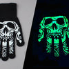 A pair of luminous green skeleton hand gloves displayed on a black background.