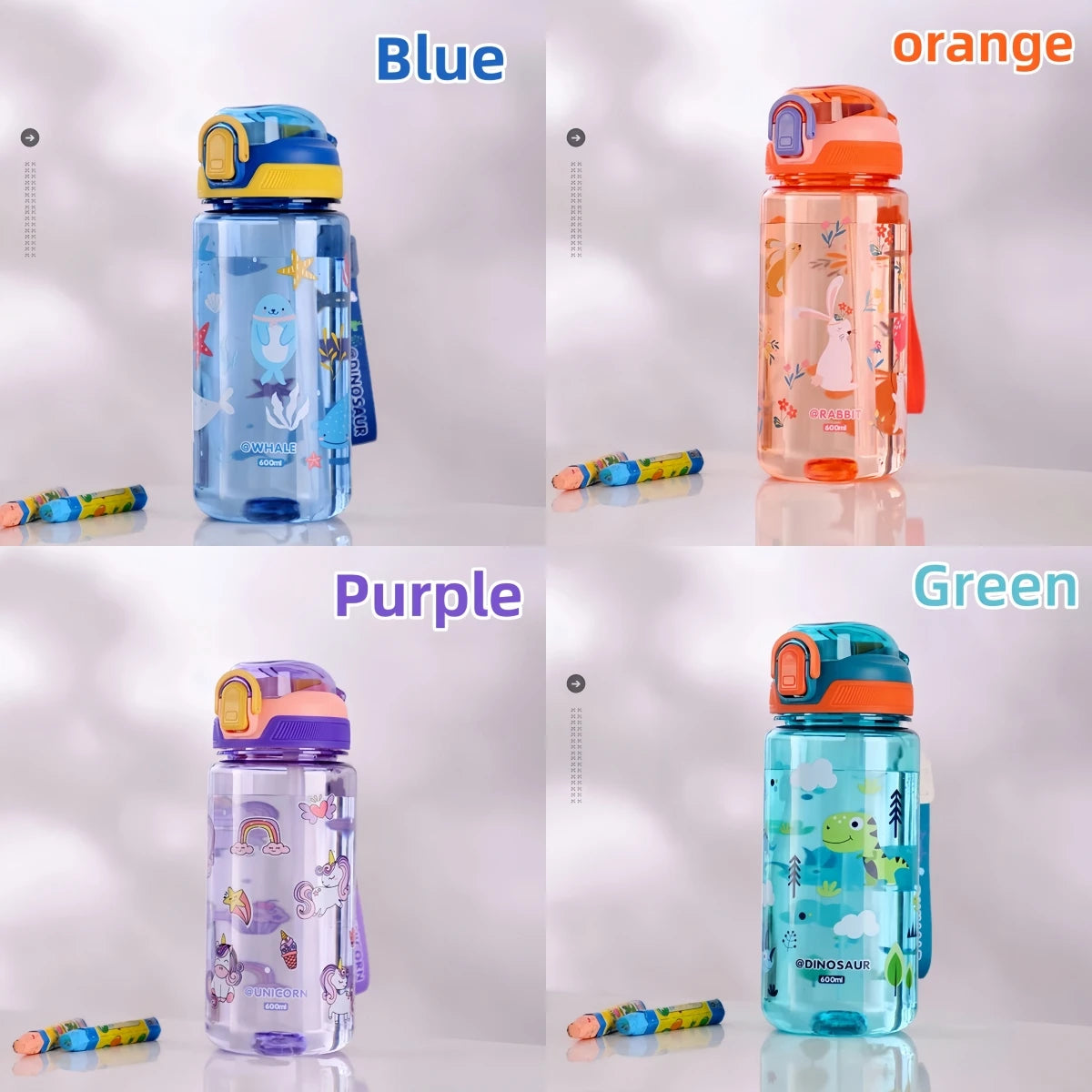 A set of five dinosaur silicone straw water bottles in blue, orange, purple, and green.