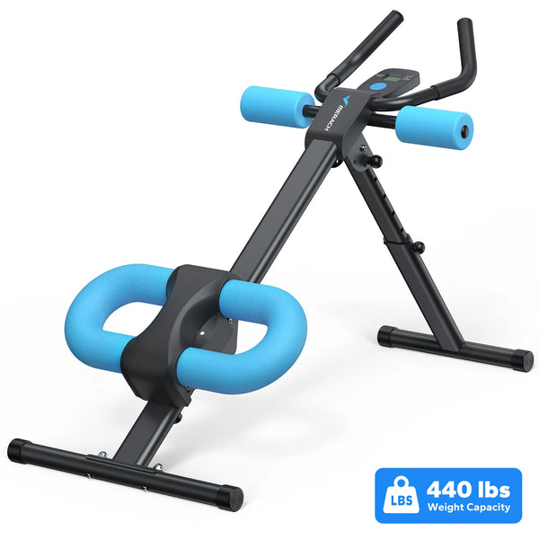 A black adjustable core abdominal trainer with blue handles and a weight capacity label.