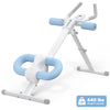 A white adjustable core abdominal trainer with blue handles and a gray base, shown from the side.