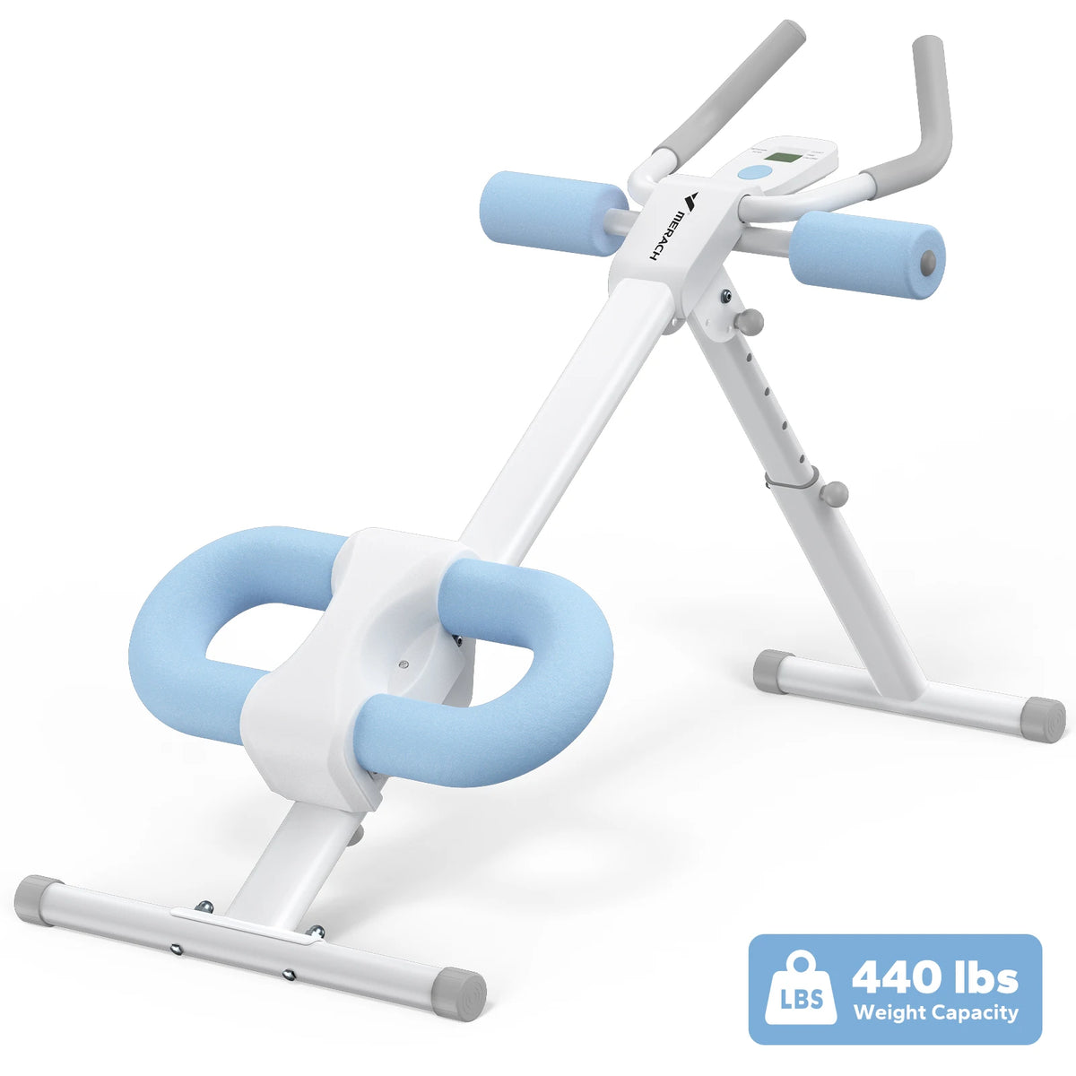 A white adjustable core abdominal trainer with blue handles and a gray base, shown from the side.