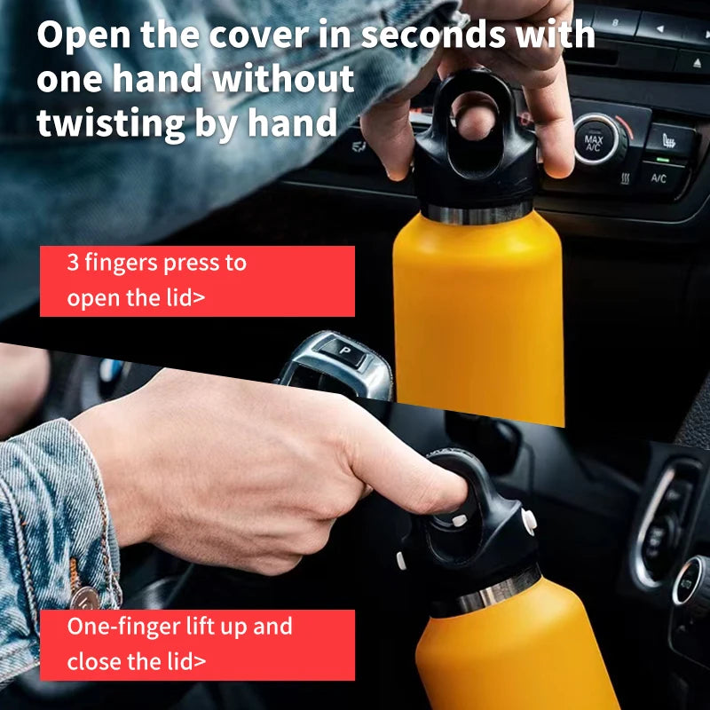 A hand opens a yellow double-wall insulated stainless steel thermos by pressing a lid and then lifting it to close.