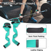 A set of teal weight lifting straps with black leather edging and 5mm thick padding shown alongside a barbell.