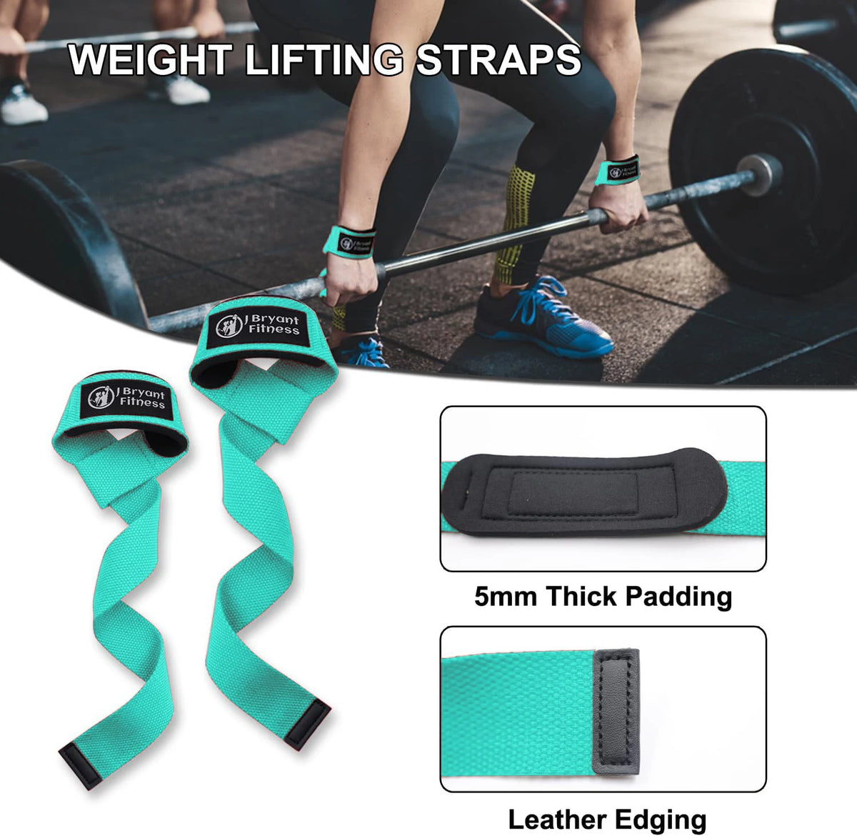 A set of teal weight lifting straps with black leather edging and 5mm thick padding shown alongside a barbell.