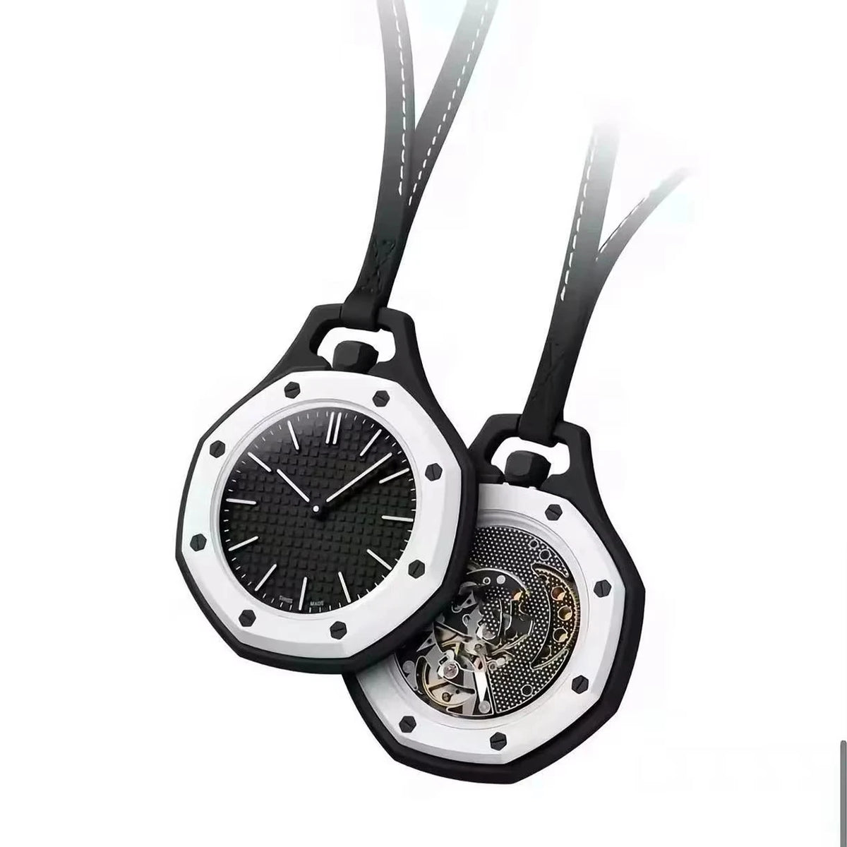 A black and white pocket watch pendant with leather straps and an octagonal face.