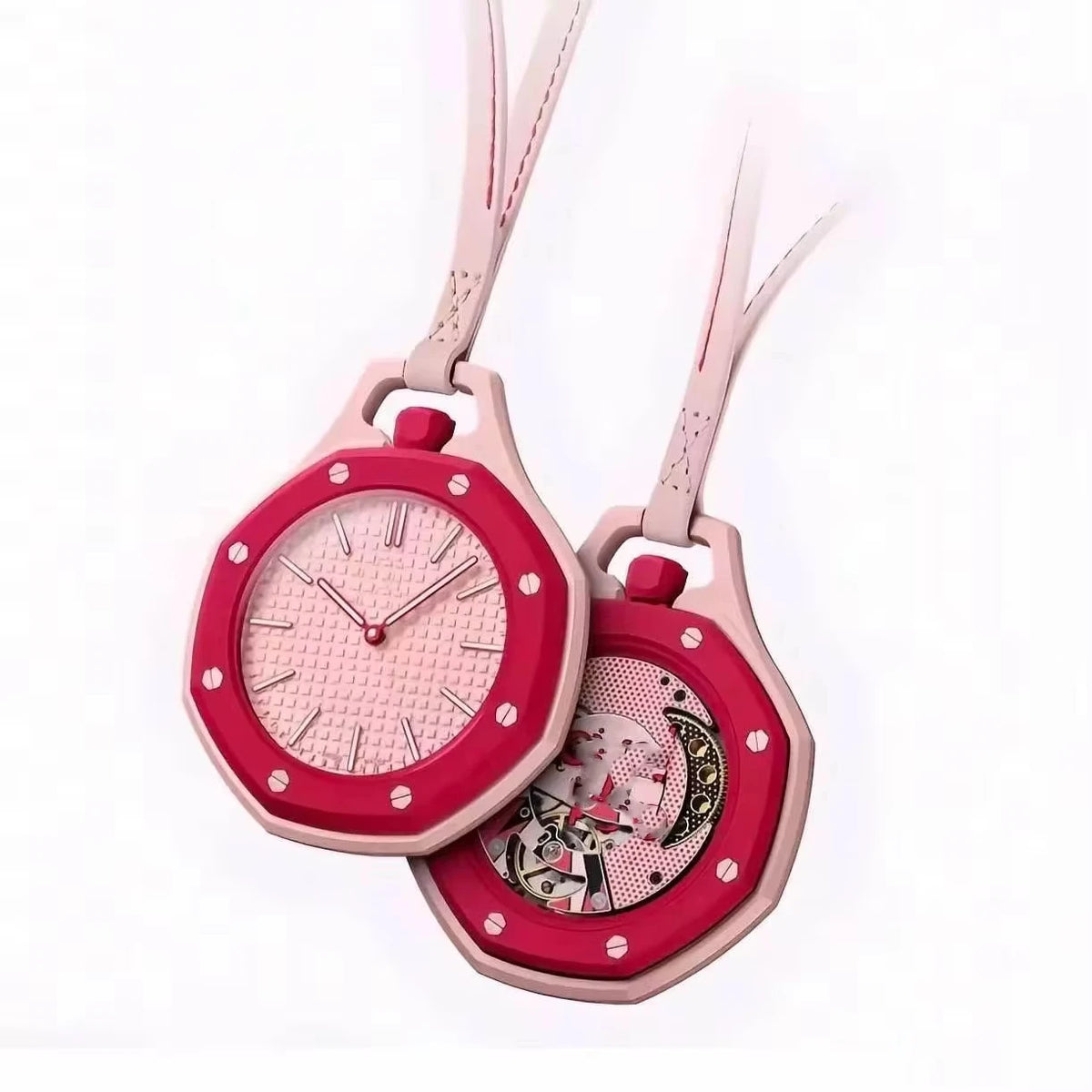 A pink octagonal pocket watch pendant with a rose gold chain and a detailed watch face.