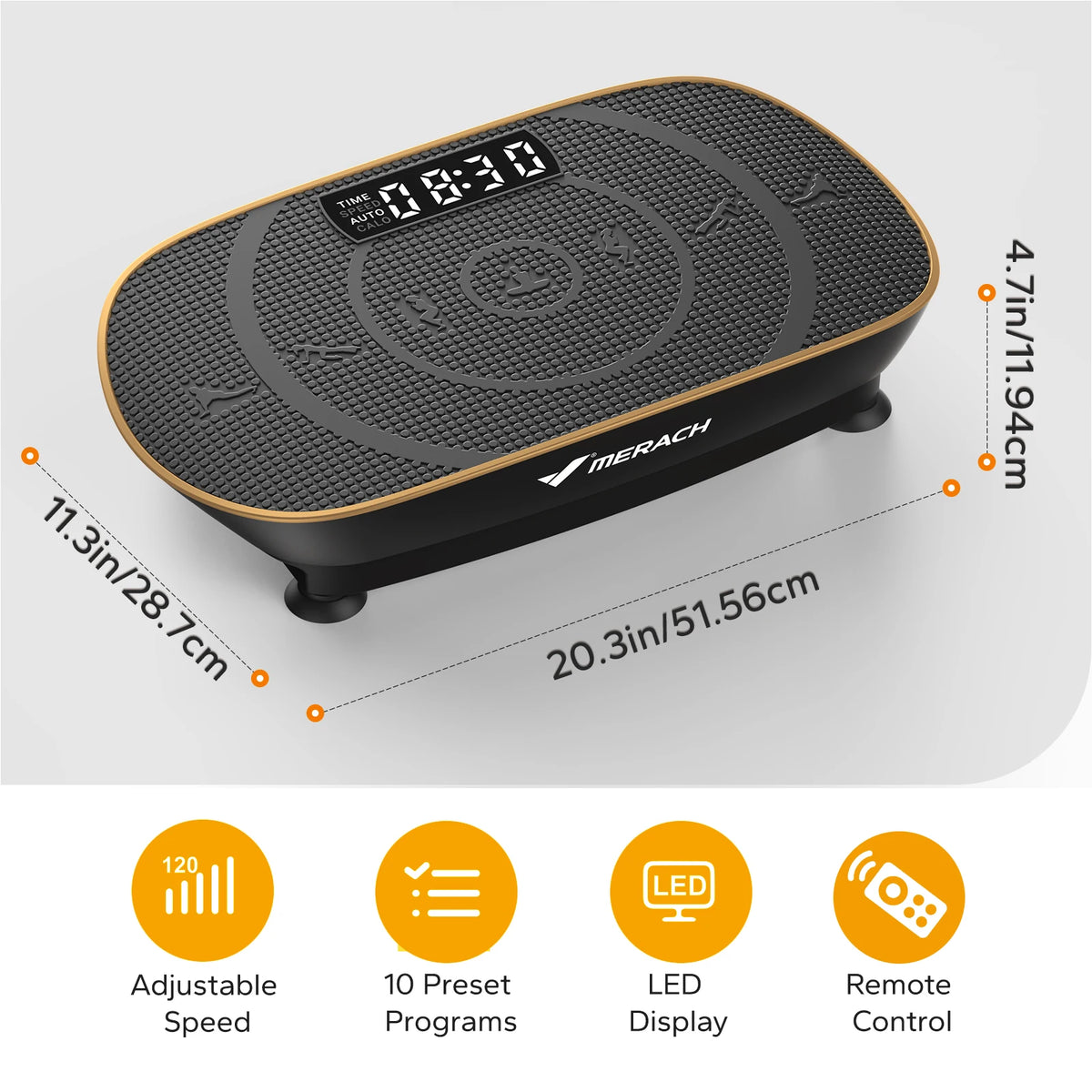 Placa de vibración negra para fitness de cuerpo completo con velocidad ajustable, 10 programas preestablecidos, pantalla LED 