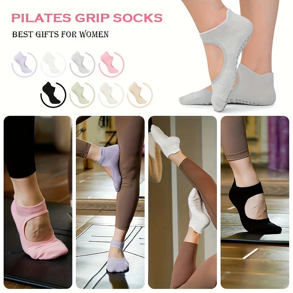 A set of silicone yoga pilates socks in various colors and styles shown on a foot.