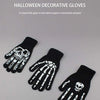 Black decorative Halloween gloves featuring a white skull design