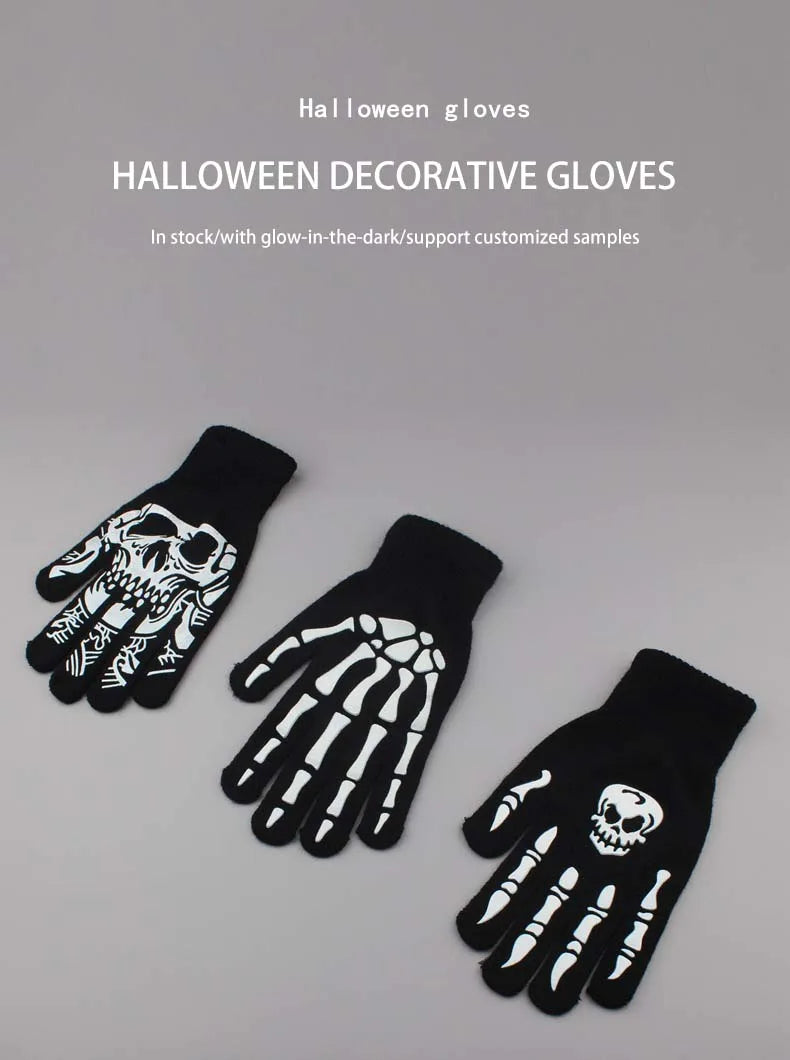 Black decorative Halloween gloves featuring a white skull design