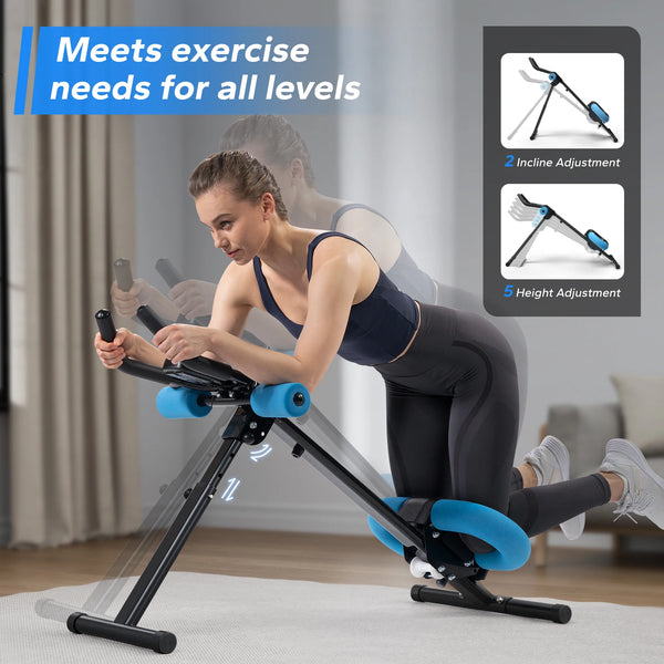 An adjustable core abdominal trainer is shown being used by a woman on a floor mat.