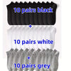 A collection of 30 pairs of comfort fit ankle socks in black, white, and grey.