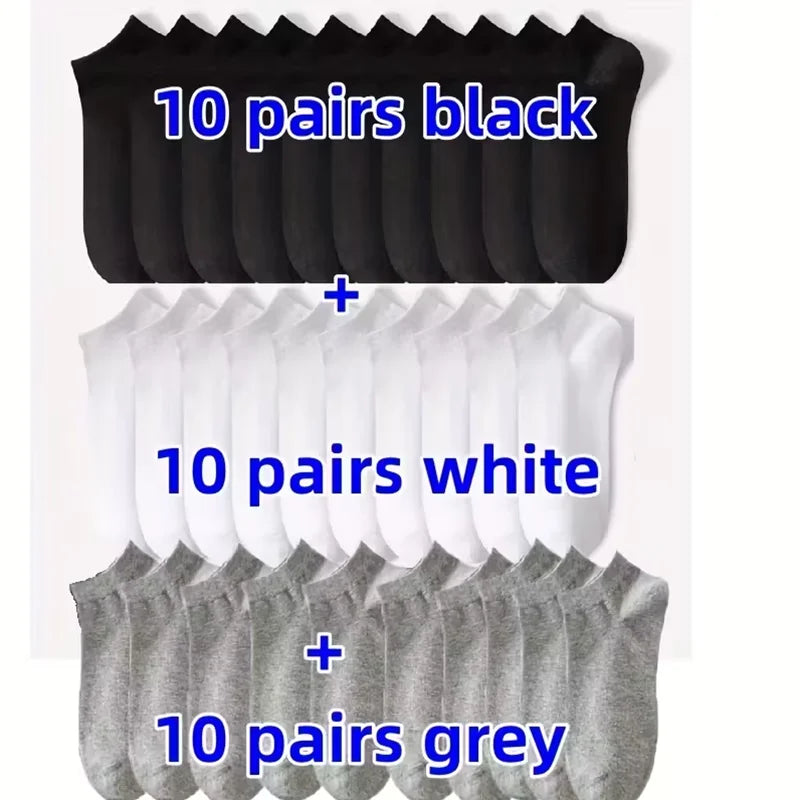 A collection of 30 pairs of comfort fit ankle socks in black, white, and grey.