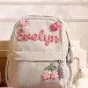 Helles beige Samt-Rucksack mit Stickerei für Evelyn und rosa Blumen