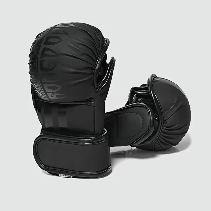 A pair of black durable PU leather boxing training gloves shown from the side.