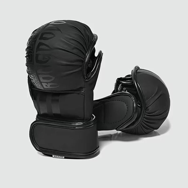 A pair of black durable PU leather boxing training gloves shown from the side.