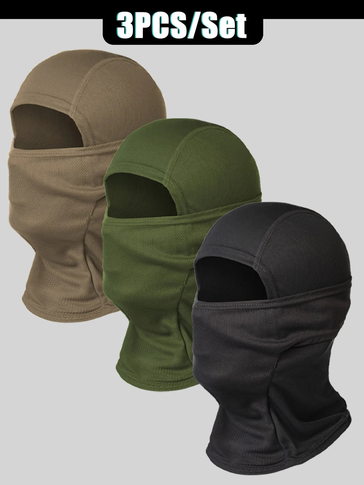 Three sets of breathable mesh balaclava face masks in olive green, khaki, and black.
