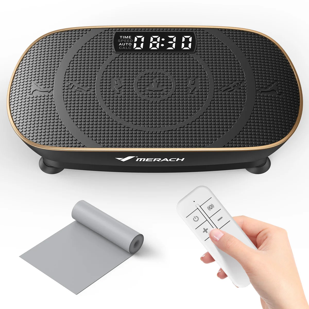 Placa de vibración negra para fitness de cuerpo completo con pantalla digital y control remoto.