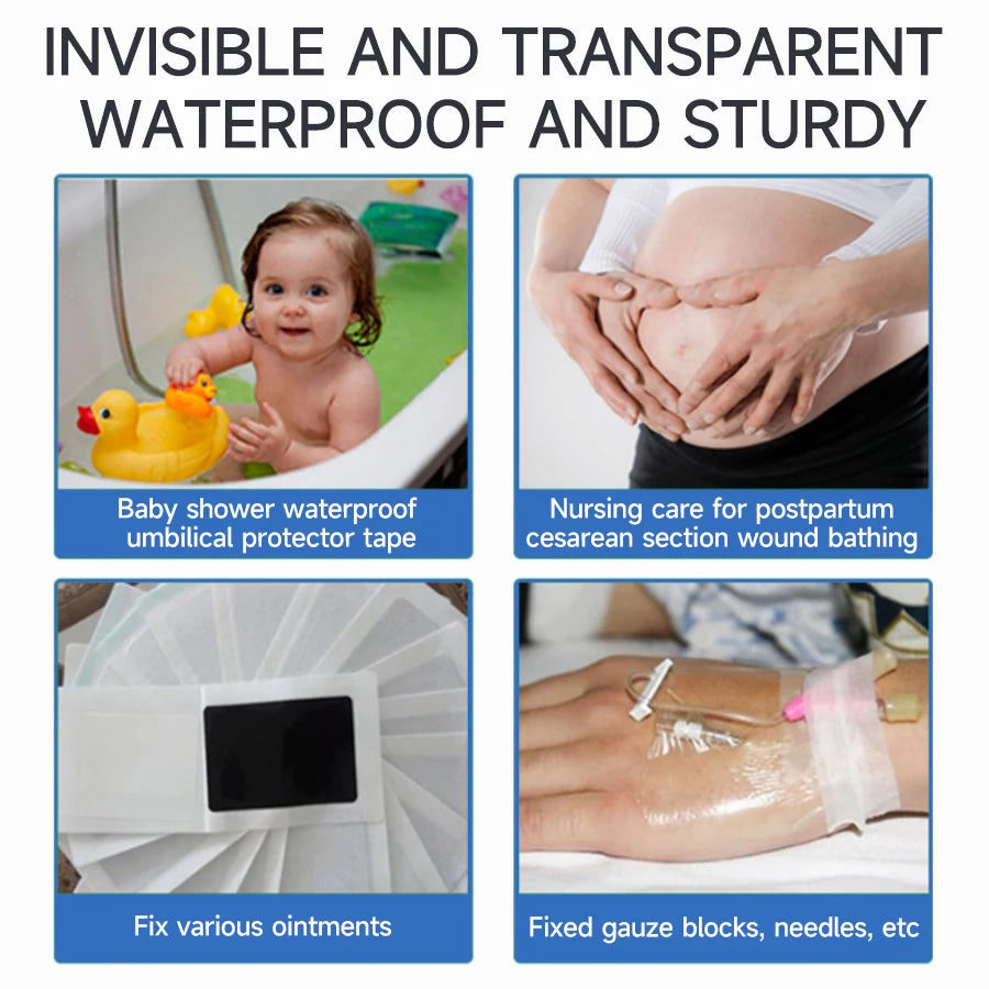 Verschiedene medizinische Hilfsmittel wie Salben und Mullkompressen neben einem transparenten wasserdichten Klebefilm-Verband