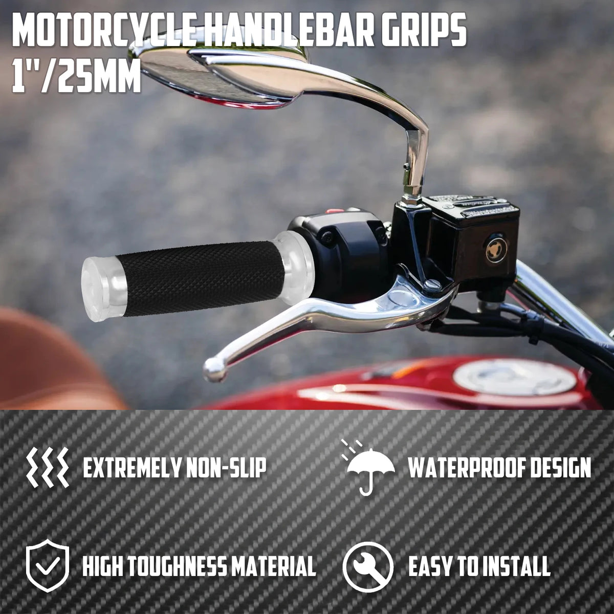 Nahaufnahme von Chrom-Lenkergriffen für ein Harley Touring oder Sportster Motorrad.
