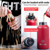A red double-wall insulated stainless steel thermos with an exhaust valve design is shown next to a hand holding the valve.