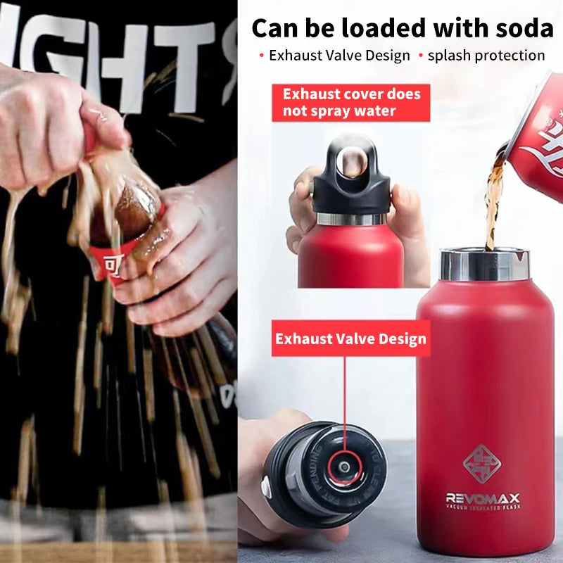 A red double-wall insulated stainless steel thermos with an exhaust valve design is shown next to a hand holding the valve.