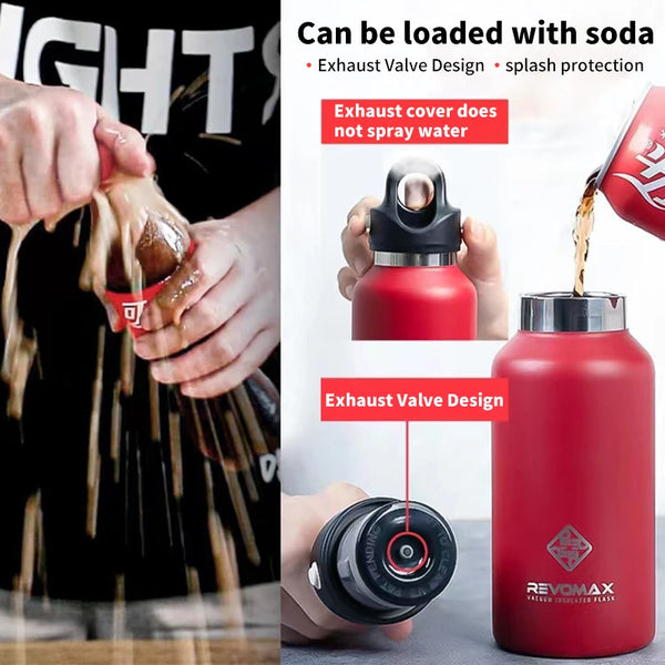 A red double-wall insulated stainless steel thermos with an exhaust valve design is shown next to a hand holding the valve.