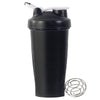 Botella agitadora portátil de proteína negra con batidor de alambre.