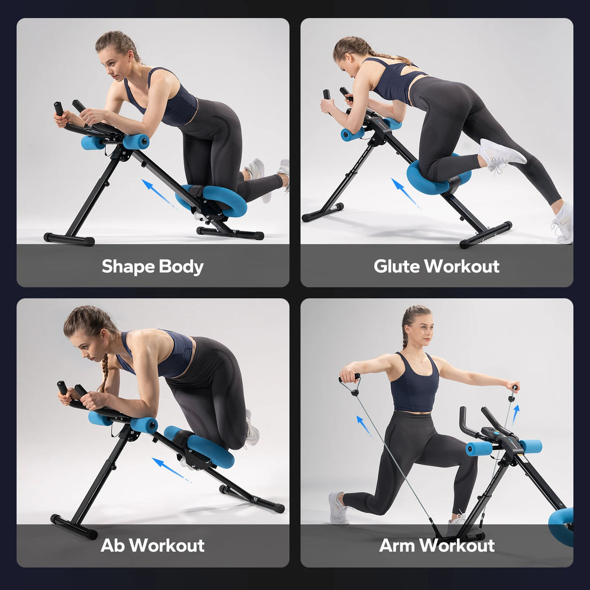 Four images showing different workouts for an adjustable core abdominal trainer: Shape Body, Glute Workout, Ab Workout, and A