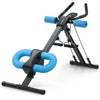A black adjustable core abdominal trainer with blue handles and a padded foot platform.