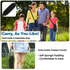 A family carrying a black adjustable sling water bottle carrier bag and a detachable padded handle.