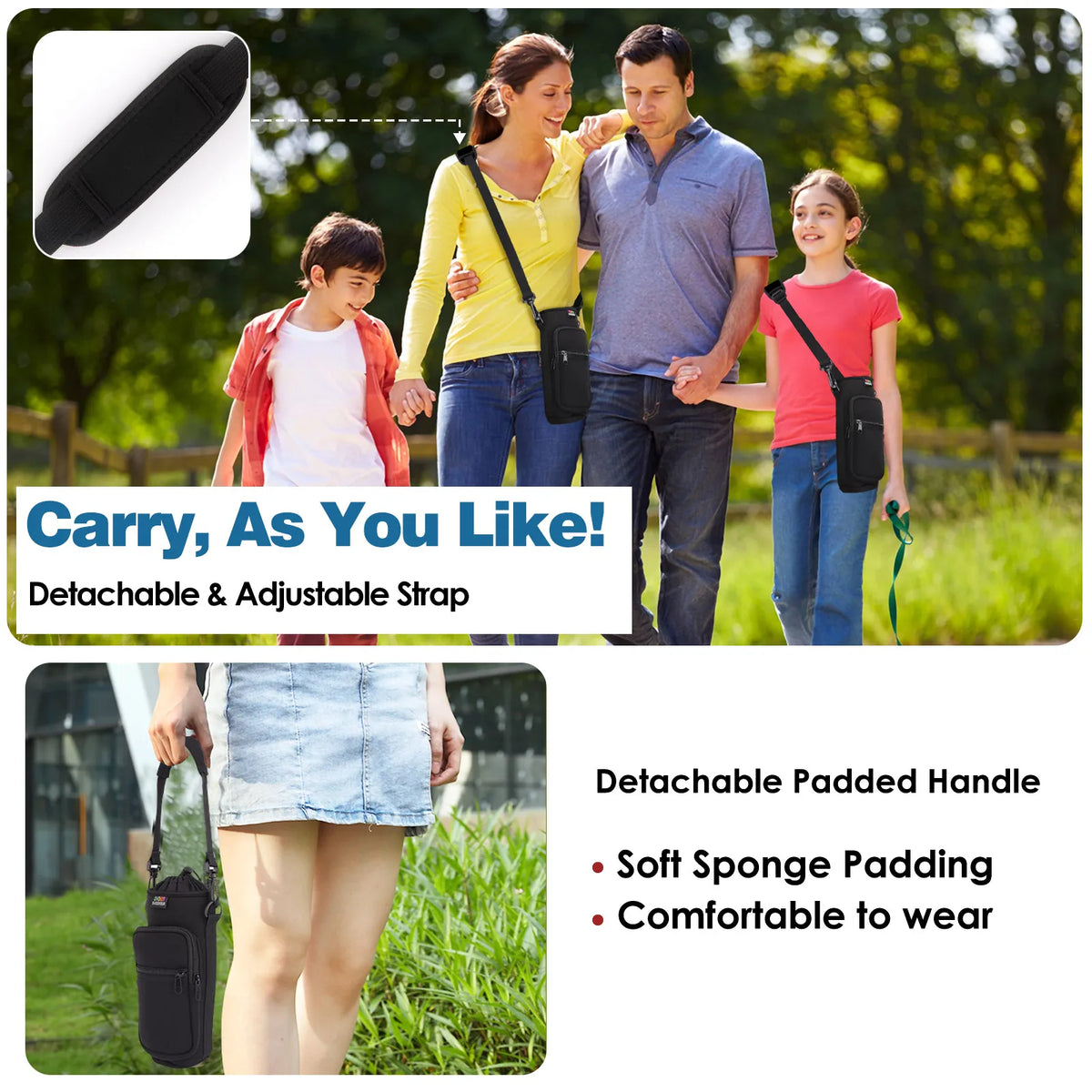 A family carrying a black adjustable sling water bottle carrier bag and a detachable padded handle.