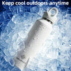 A white insulated bottle is shown surrounded by ice cubes, with text instructing to keep cool outdoors anytime.