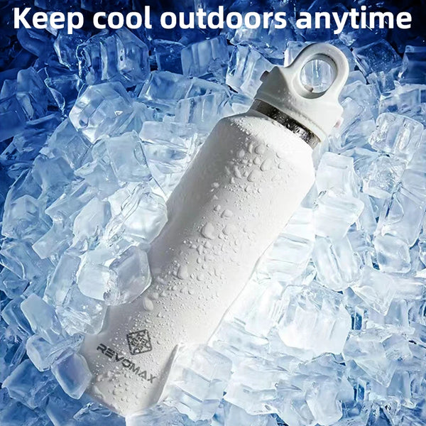 A white insulated bottle is shown surrounded by ice cubes, with text instructing to keep cool outdoors anytime.