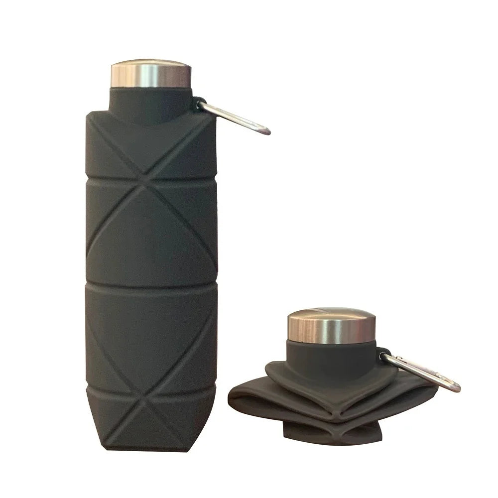 A black collapsible silicone travel water bottle with a silver cap and clip.