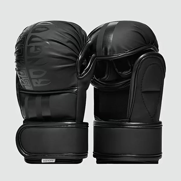 A pair of black durable PU leather boxing training gloves shown from the side.