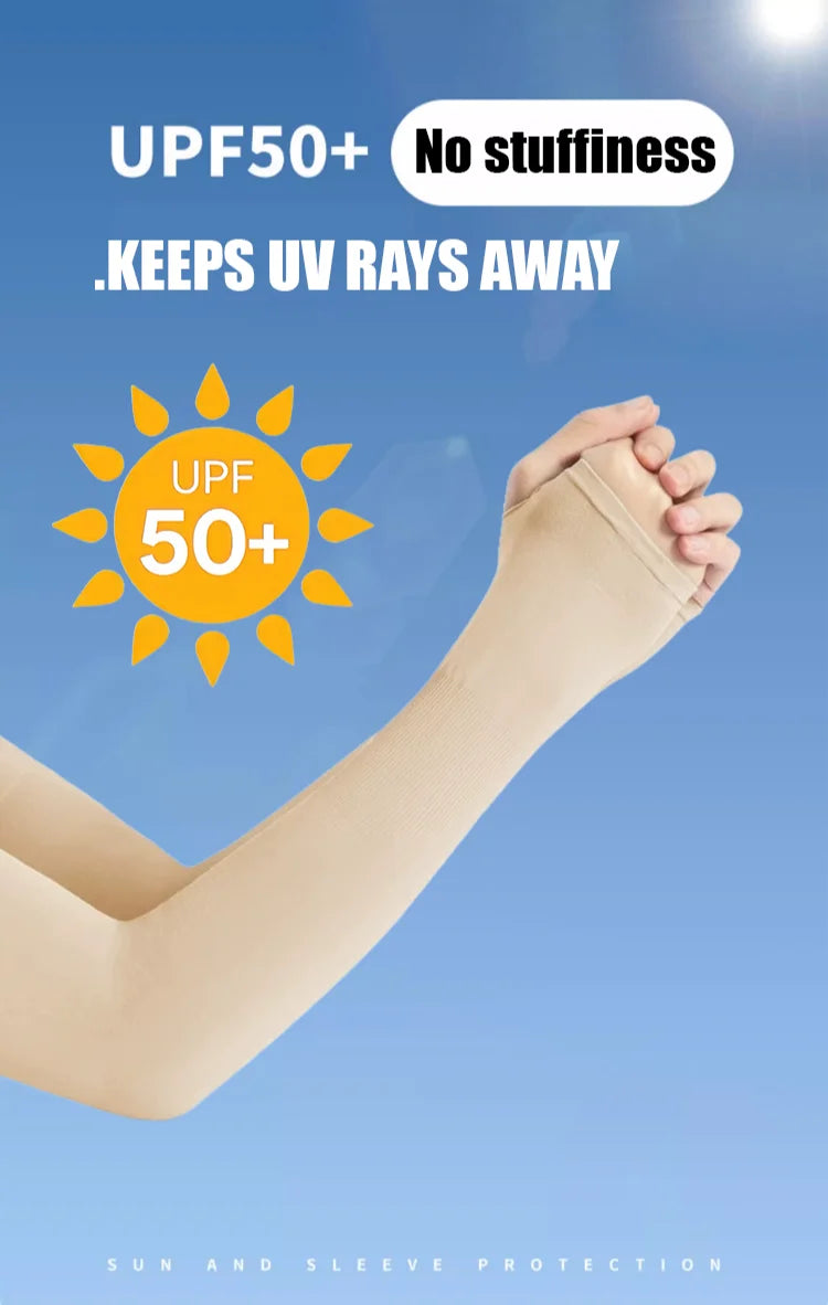 A hand wearing a light beige ice silk arm sleeve is shown against a blue sky, emphasizing UV protection.