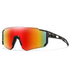 Ein Paar jugendliche Anti-UV-Sportbrillen mit schwarzem Rahmen und gradienten rot-orangefarbenen Linsen.