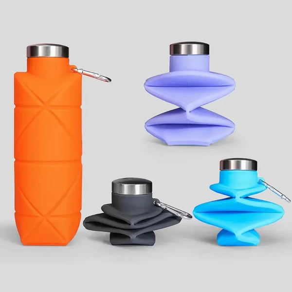 Three silicone travel water bottles in orange, purple, and blue are displayed on a light gray background.