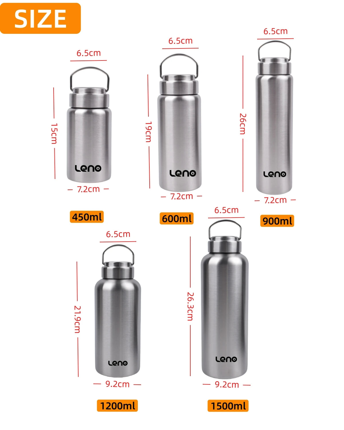 A set of stainless steel sport water bottles in various sizes ranging from 450ml to 1500ml.