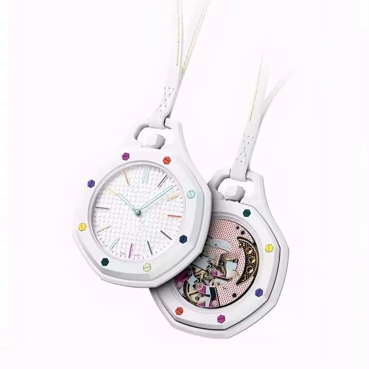 A white octagonal pocket watch pendant with a clear face and decorative elements, suspended by white strings.