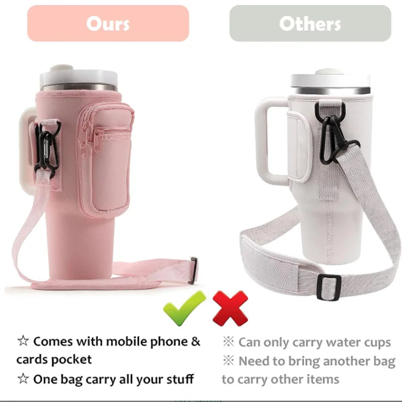 Pink adjustable water bottle carrier bag with a mobile phone pocket and strap for carrying items